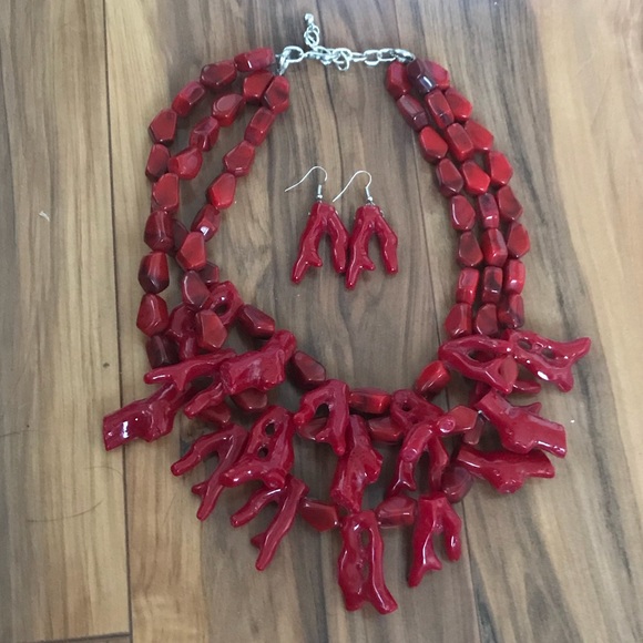 Jewelry - Red coral looking later necklace and earrings